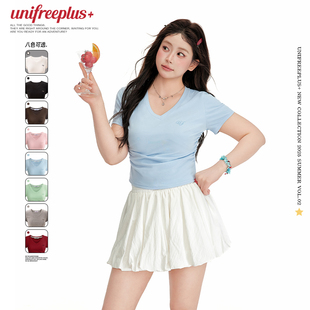 显瘦短款 UNIFREEPLUS大码 T恤女正肩修身 夏季 紧身内搭上衣 v领短袖