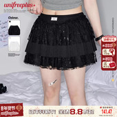 UNIFREEPLUS大码 高腰蕾丝拼接短裙半身裙女重工甜美蓬蓬百褶裙