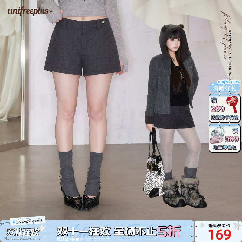 UNIFREEPLUS大码深灰色波点毛呢短裤女新款宽松复古叠穿休闲裤