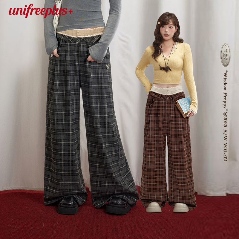 UNIFREEPLUS大码磨毛格纹休闲裤