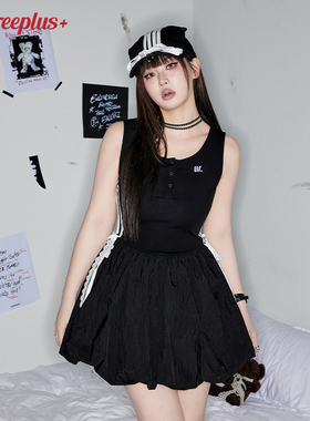 UNIFREEPLUS大码女装黑色拼接无袖连衣裙休闲收腰运动风花苞裙子