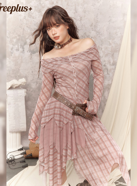 【25年秋】UNIFREEPLUS大码格纹长袖连衣裙一字肩收腰不规则长裙