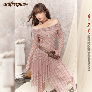 格纹长袖 UNIFREEPLUS大码 连衣裙一字肩收腰不规则长裙 25年秋