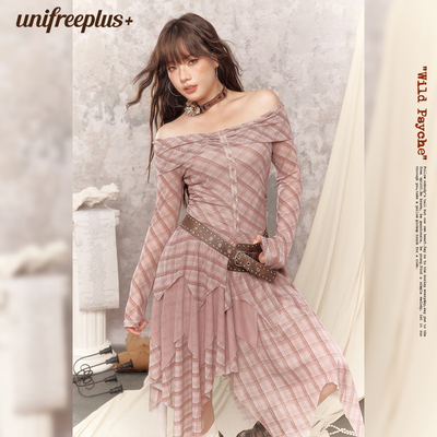 UNIFREEPLUS大码格纹长袖连衣裙