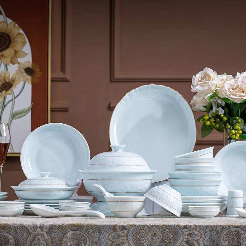 中式陶瓷餐具青瓷新骨瓷吃饭碗盘套装汤碗调羹家用碗筷缠枝莲纹