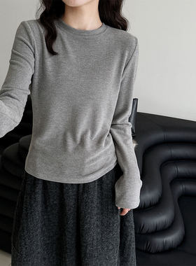 鹿西 极简加绒棉感圆领弹力内搭T恤女秋冬新款百搭修身打底衫2147