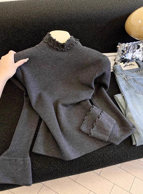 【80-200斤】木耳边针织打底衫秋冬洋气纯色百搭上衣洋气显瘦小衫