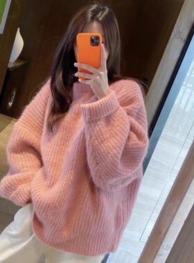日系粉色套头浣熊绒毛衣加厚女秋冬外穿宽松大版慵懒风软糯针织衫
