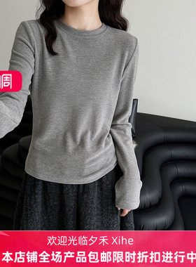 鹿西 极简加绒棉感圆领弹力内搭T恤女秋冬新款百搭修身打底衫2147