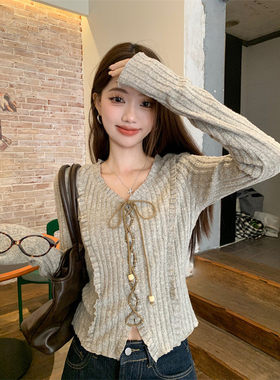 甜辣修身长袖针织开衫女冬季新款绑带设计感显瘦短款V领长袖上衣