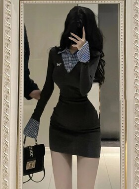 学院风感灰色针织连衣裙女秋冬季2025新款气质内搭假两件短裙