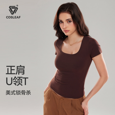 科里芙正肩运动T恤女夏U领短袖弹力肯豆风修身显瘦休闲健身上衣