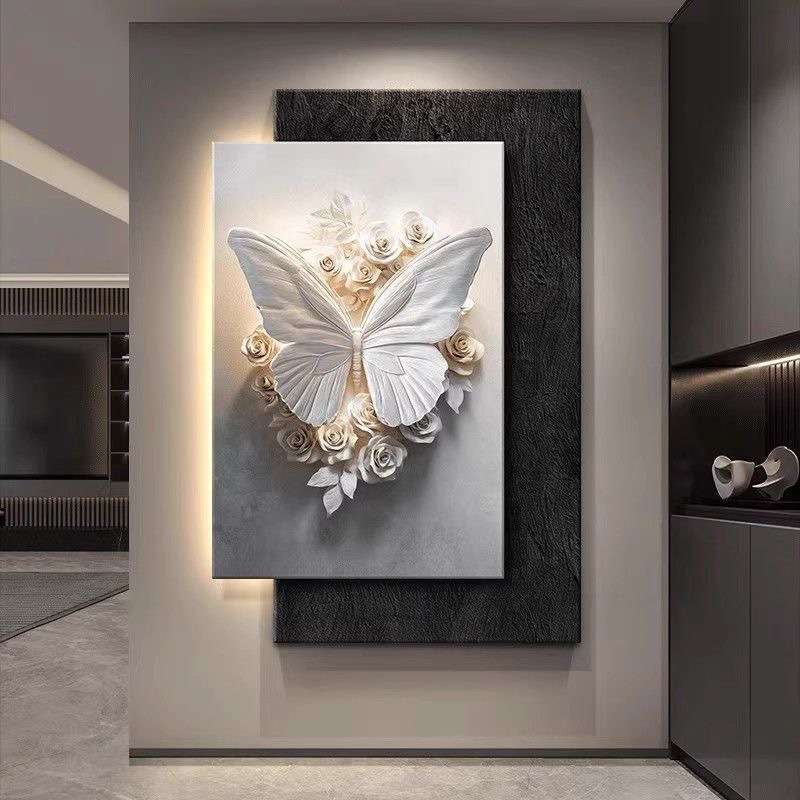 现代轻奢玄关装饰画高端砂岩立体感蝴蝶挂画入户正对门客厅壁画灯图片