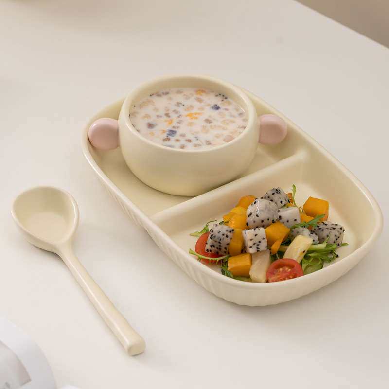 早餐餐具分格餐盘家用精致一人食水果分隔盘高颜值陶瓷碗盘奶油系