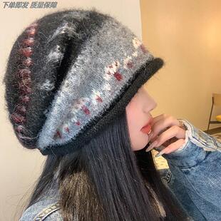 费尔岛风卷边女秋冬复古显脸小冷帽慵懒风包头帽子防寒保暖堆堆帽