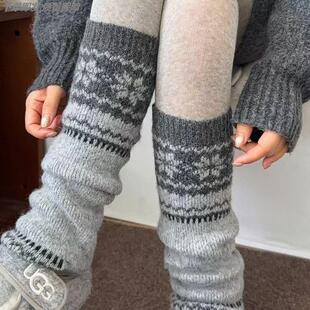 灰色费尔岛羊毛堆堆女秋冬季2025新款复古加厚雪地靴腿套羽绒袜套