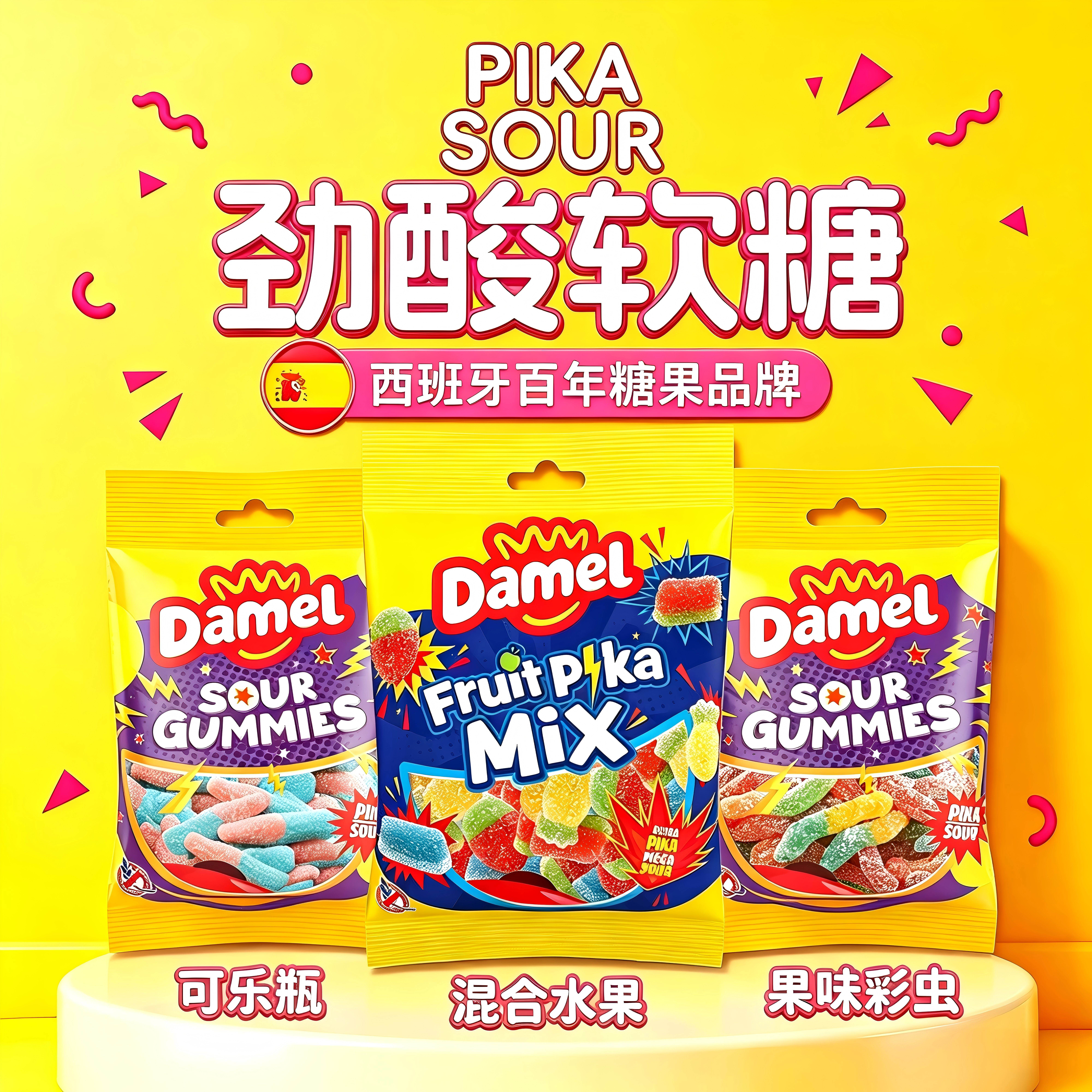 damel爱果乐进口酸砂软糖可乐酸沙明胶水果糖小虫零食酸粉彩虹
