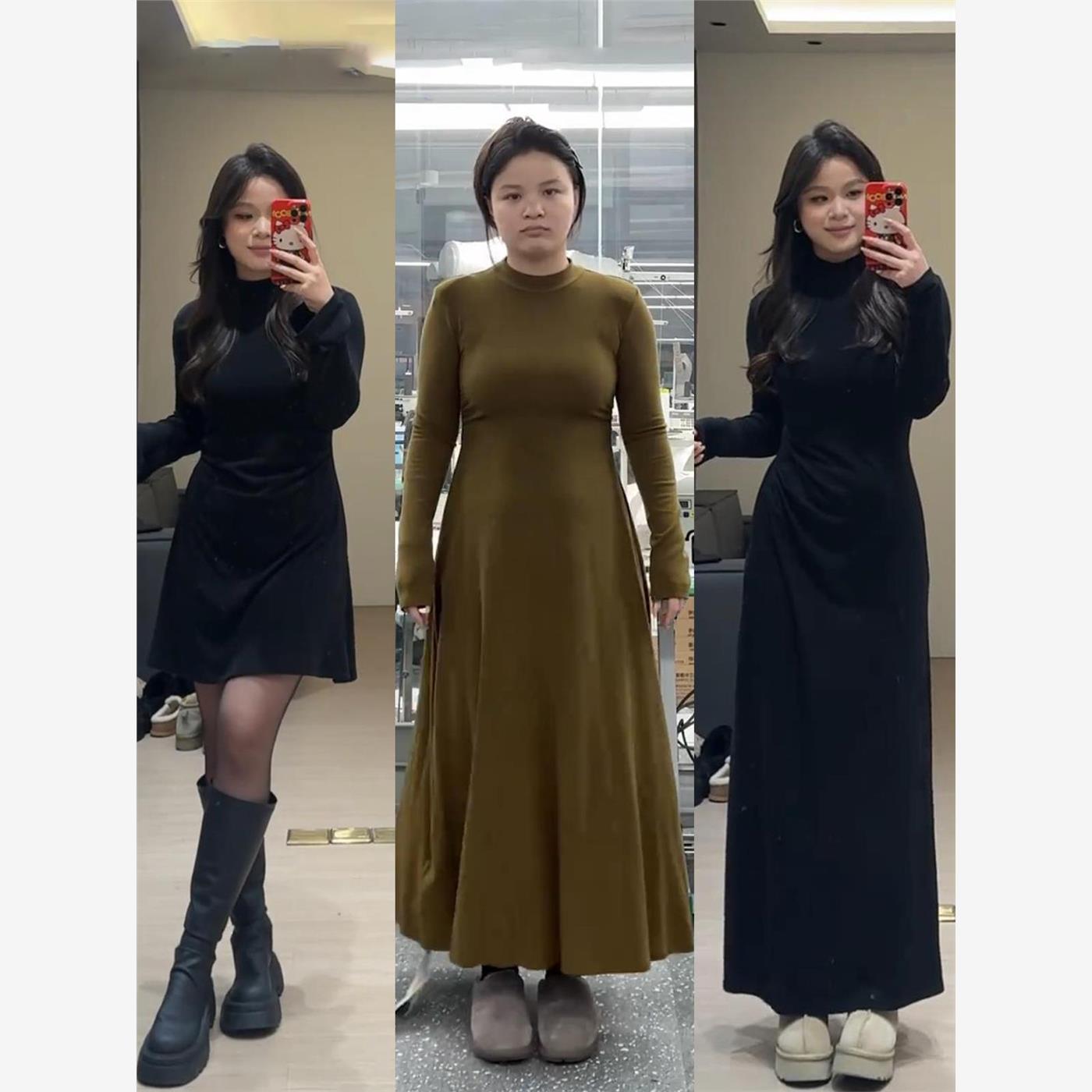 加码黑色优雅半高领连衣裙在秋冬妇女胖毫米捏腰修身看皇家姐妹风