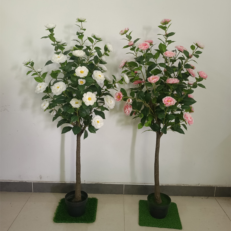 仿真茶花树 仿真茶玫花树假茶树小型盆栽植物 仿真山茶花树