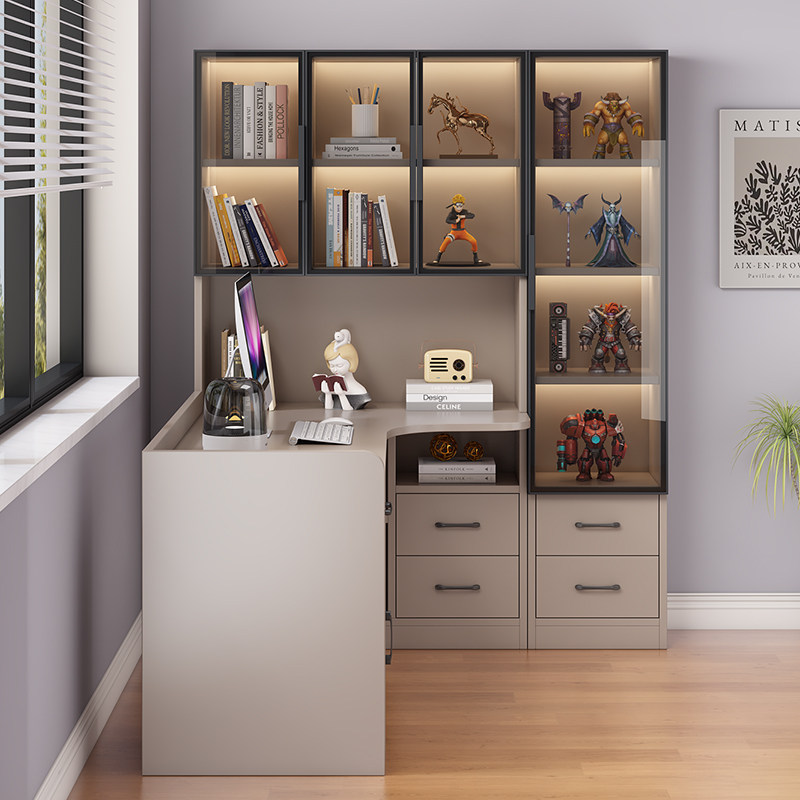 转角书桌书架一体组合实木轻奢风电脑桌家用台式办V公桌学习桌书