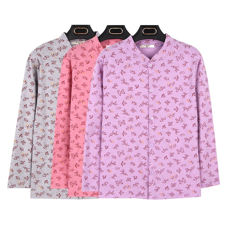 中老年纯棉开衫薄款秋衣女士妈妈开襟保暖L上衣全棉毛开口内衣打