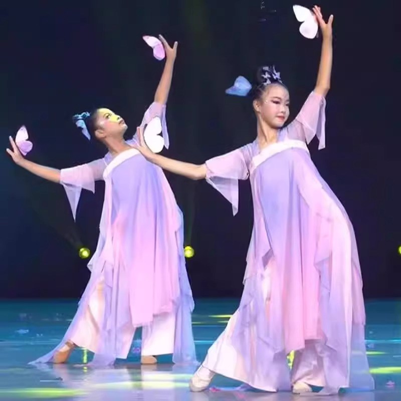 中国舞表演服蝶舞花间演出服儿童古典舞汉服舞蹈飘逸蝴.蝶道具女
