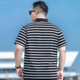 加大码 黑j白条纹短袖 夏季 男装 体恤 POLO衫 加肥特大号宽松翻领半袖