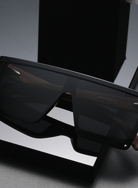 时尚男潮个性方框l一体式复古墨镜木镜腿偏光防晒太阳眼镜黑色大