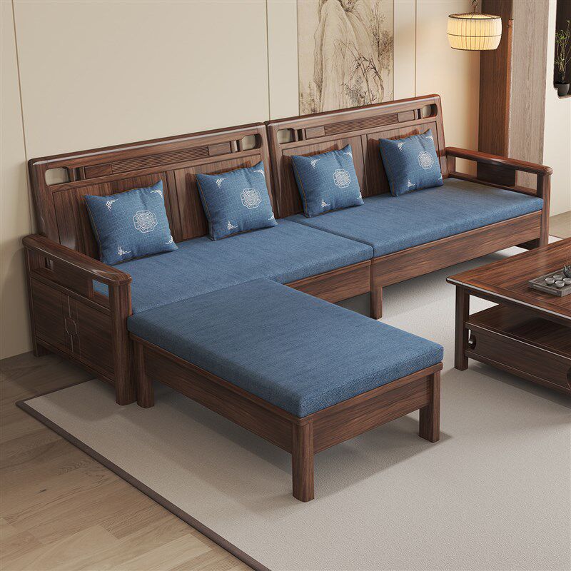 新中式实木沙发组合n转角贵妃简约冬夏两用小户型三四人位客厅家