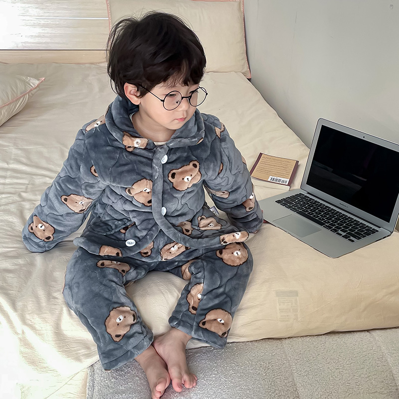 儿童睡衣套装男童冬季加绒加厚法兰绒三层K夹棉宝宝男孩卡通家居