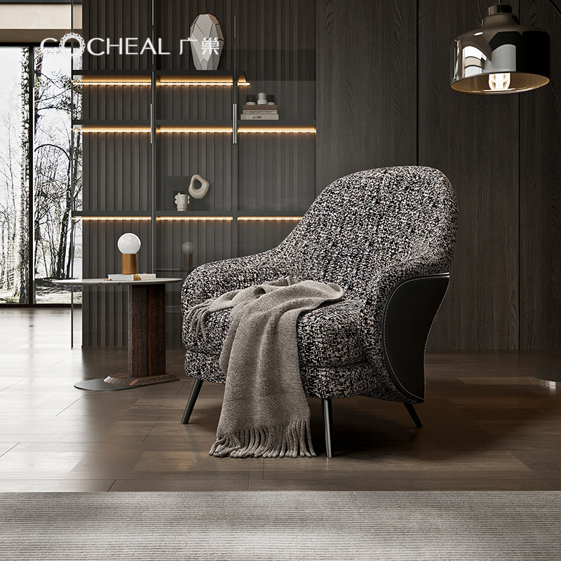 广巢 现代简约布艺休闲椅单人沙发椅脚踏组合家用客厅粗麻布椅子