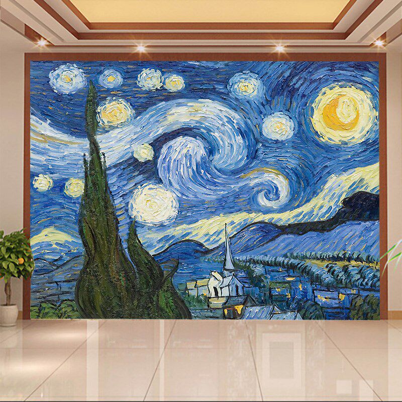 墙纸定制梵高星空油画壁纸客厅沙发艺术壁画电视背景田园风景墙布
