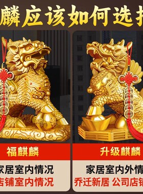精选铜麒麟摆件一对公母八卦纯黄铜麒麟全铜家用卧室客厅入户门口