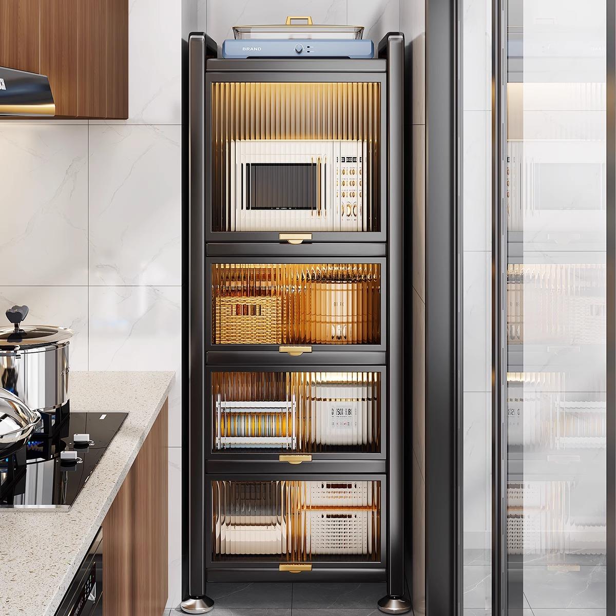 家用厨房置物架多功能靠墙落地密封碗具柜微波炉夹缝收纳柜储物柜