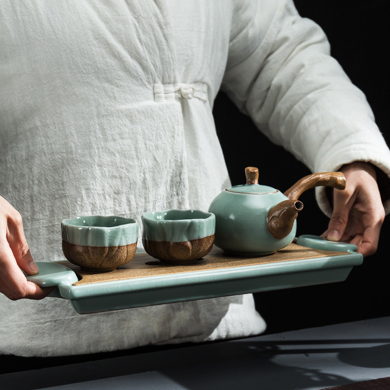 汝窑一壶两杯2人陶瓷茶盘简易家用小型办公茶具套装侧把茶壶礼盒