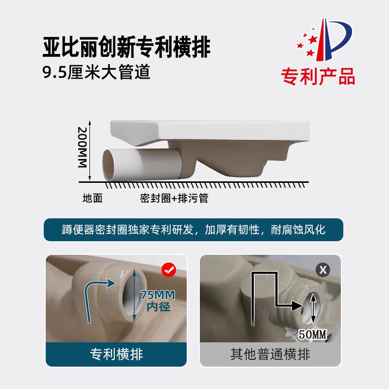 亚比丽超薄侧排水蹲便器20cm后墙排横排大管道侧排左右排蹲厕蹲坑
