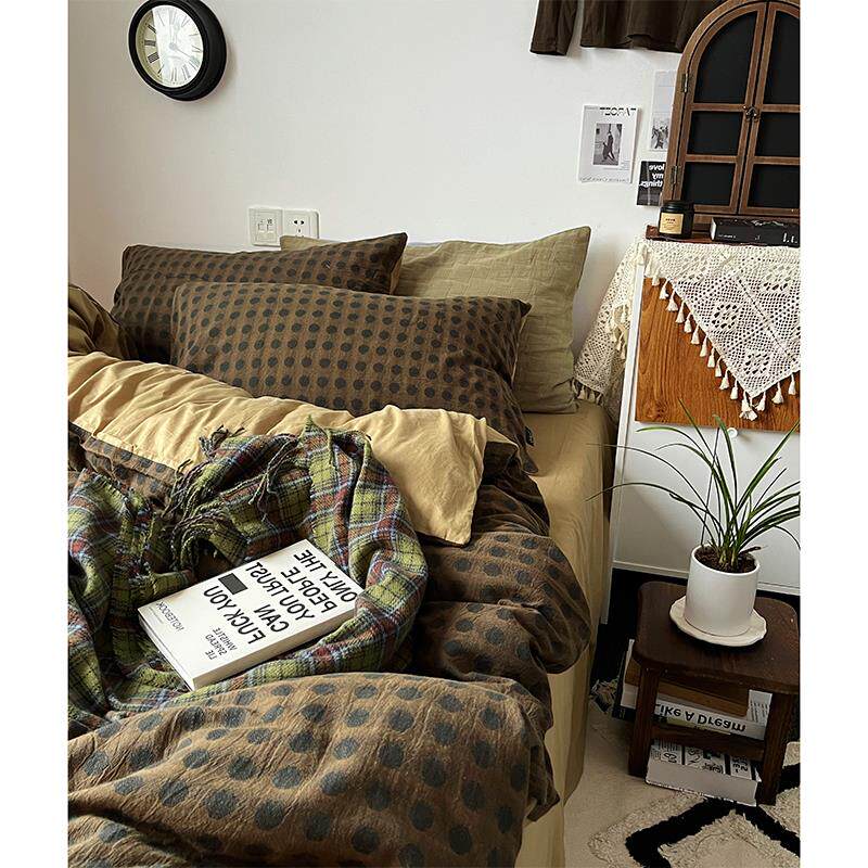 萨迪斯的板栗树/Vintage style复古亚麻绿波点提花全棉床单四件套