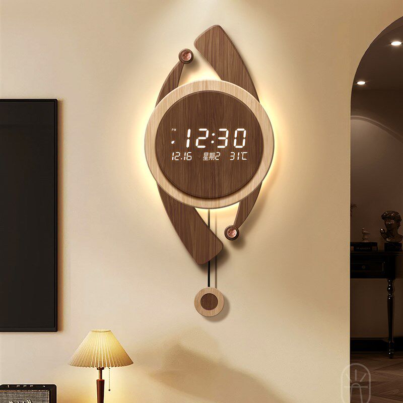 中古风客厅装饰挂钟高级感万年历电子钟表电视背景墙格栅发光时钟