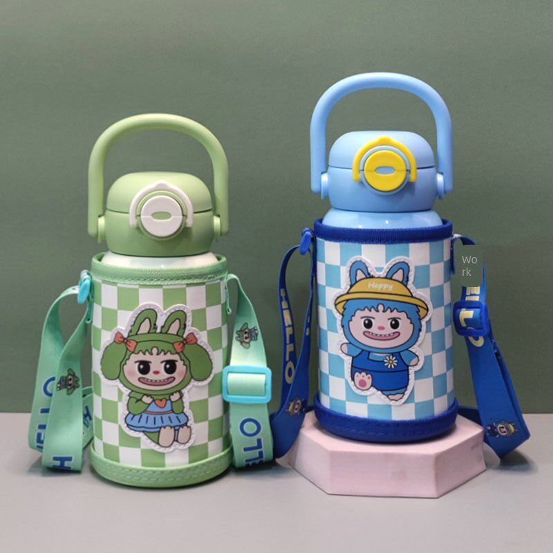 拉布布卡通儿童双饮保温杯带手提环水壶不锈钢两用水杯直饮吸管杯