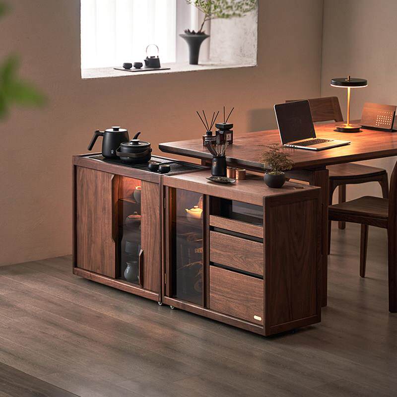 新中式茶水柜实木可移动沙发边柜客厅黑胡桃木展示柜茶桌煮茶茶台