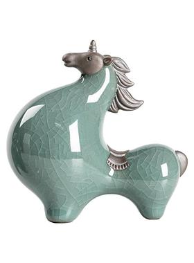 复古唐马陶瓷小摆件哥窑开片生肖马招财创意客厅办公桌玄关装饰品