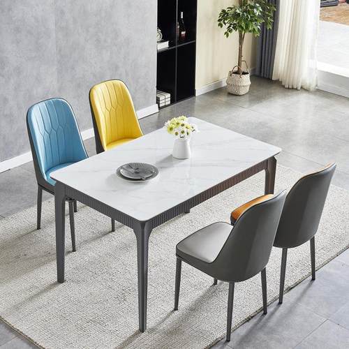 意式灰色框架亮光岩板餐桌椅组合小户型家用现代简约长方形饭桌子