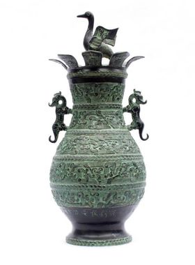 仿古青铜器花瓶摆件仙鹤展翅圆壶家居风水礼品客厅装饰插花双虎瓶