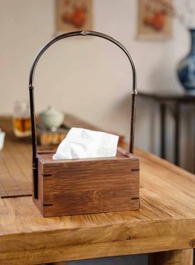 竹制提HOS梁纸盒茶室饭厅桌面收纳卫巾纸盒中式生意覆古创竹质餐