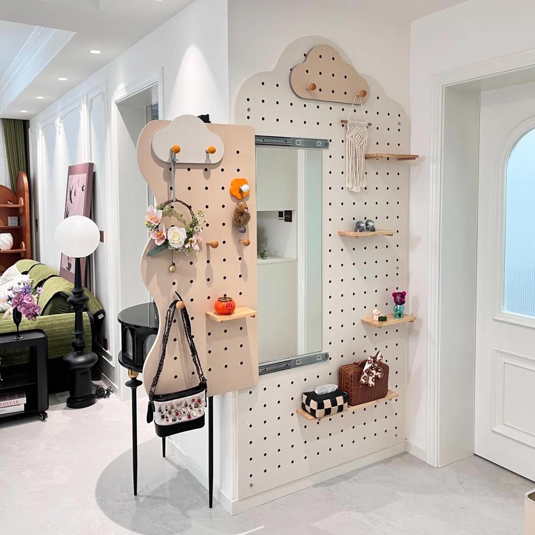 入户玄关洞洞板置物架定制穿衣镜一体电表箱遮丑带推拉镜墙上收纳