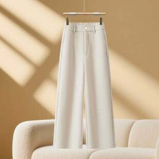 时尚羊毛呢阔腿裤加绒加厚女裤秋冬新款高腰中年妈妈九分直筒裤子