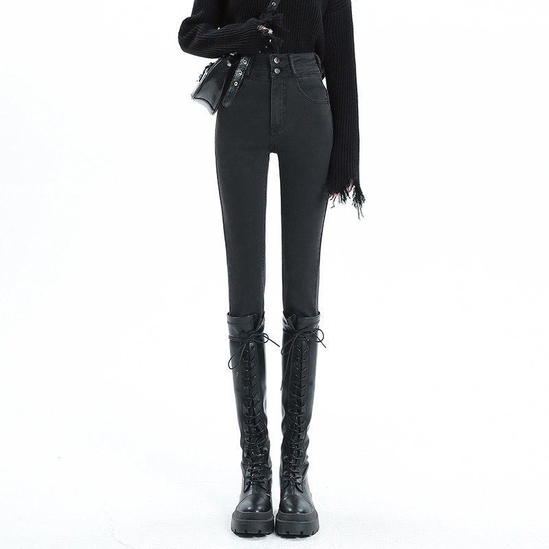 复古直筒修身显瘦牛仔裤女小个子高腰百搭窄版紧身烟管九分长裤子