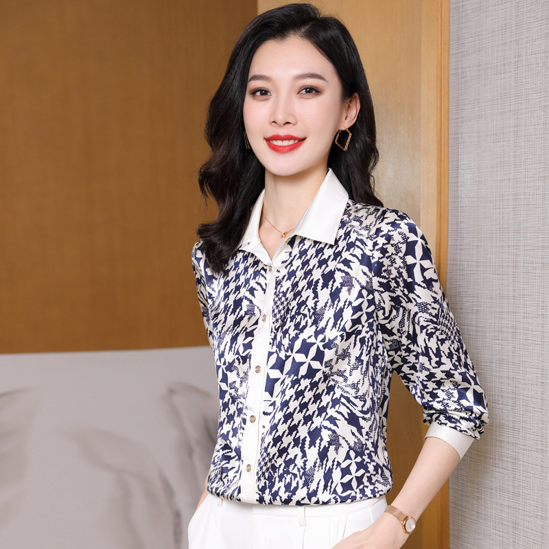 2025夏季翻领时尚印花气质优雅单排多扣女士真丝长袖衬衫