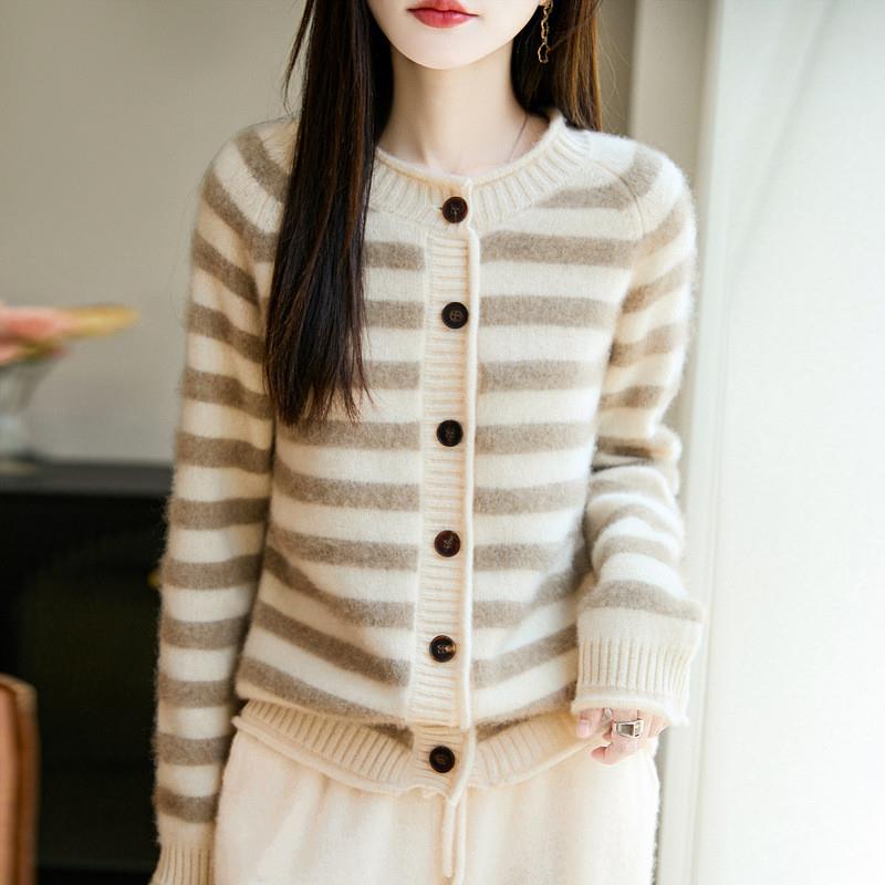 100纯羊毛衫七针加厚圆领针织开衫女式层次感间色条纹毛衣外套潮