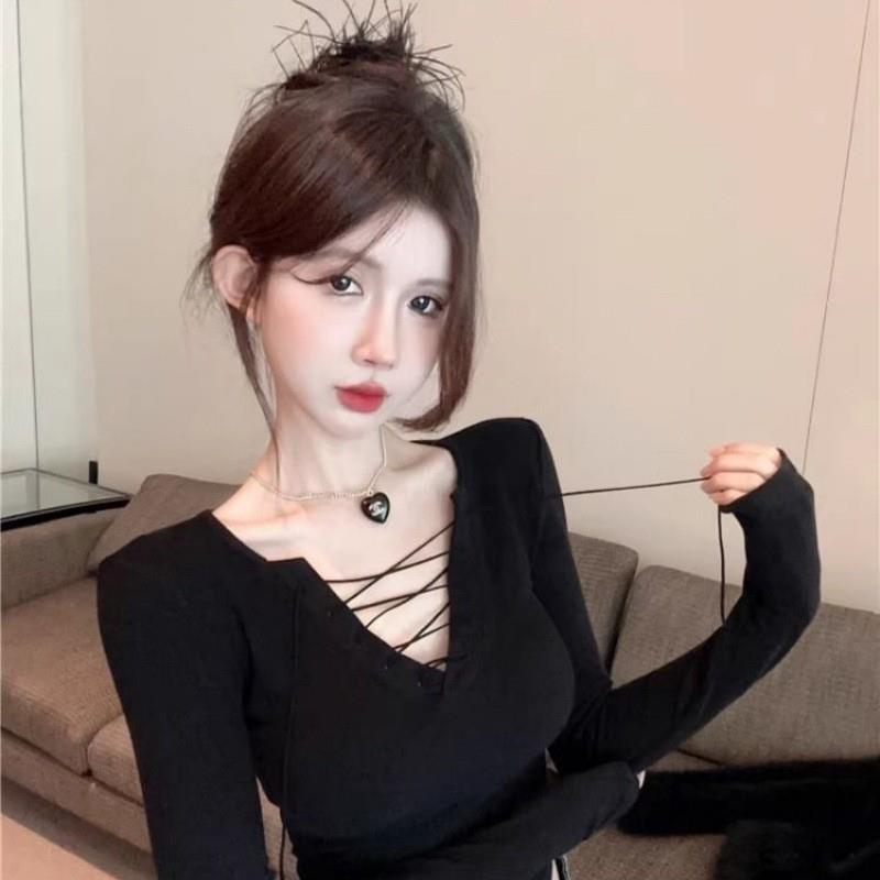 跨境外贸欧美性感辣妹系带v领t恤女装秋季长袖上衣打底衫修身显瘦
